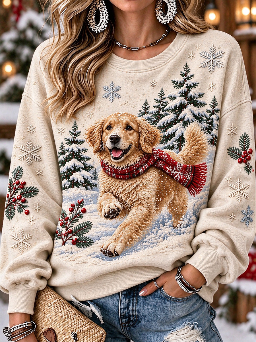 Women's Snowy Winter Golden Retriever Dog In the Snow Print Cozy Sweatshirt