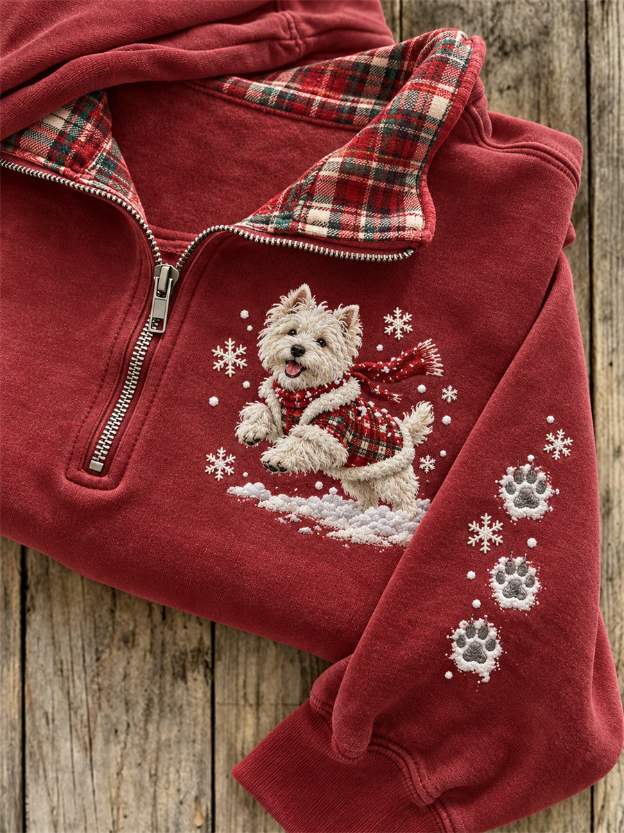 Women's Snowy Christmas Westie Dog & Paw Prints Plaid Print Sweatshirt