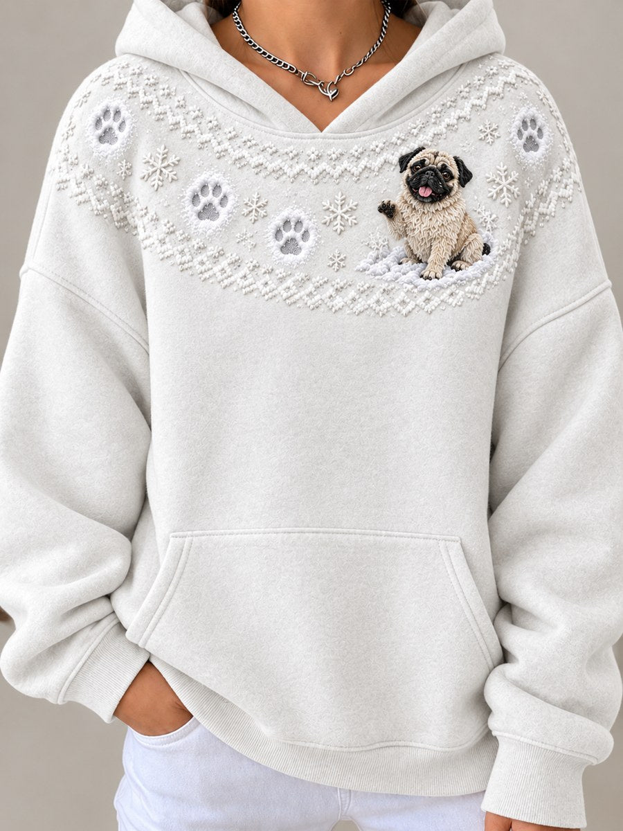 Women's Snowy Winter Pug Dog in the Snow Yoke Isle Print Hoodie