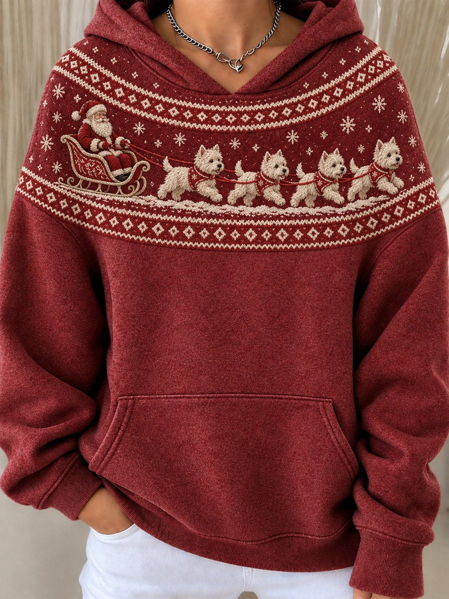 Women's Vintage Christmas Santa Claus & Westie Dogs Yoke Isle Print Hoodie