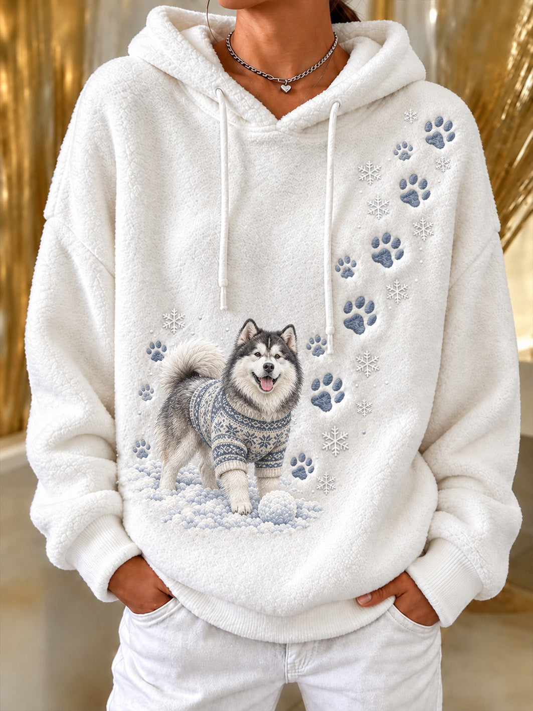 Women's Winter Alaskan Malamute Pattern Causal Flannel Hoodie