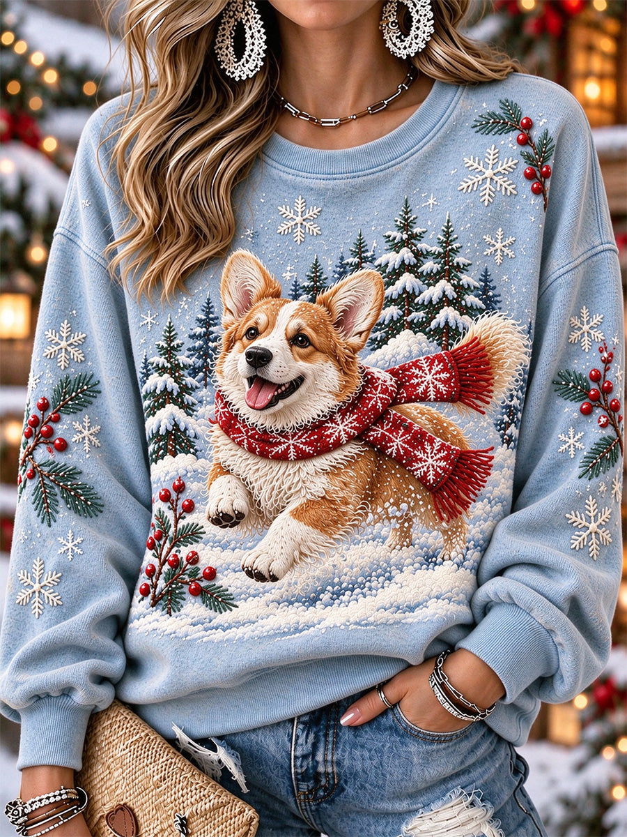 Women's Snowy Winter Corgi Dog In the Snow Print Cozy Sweatshirt