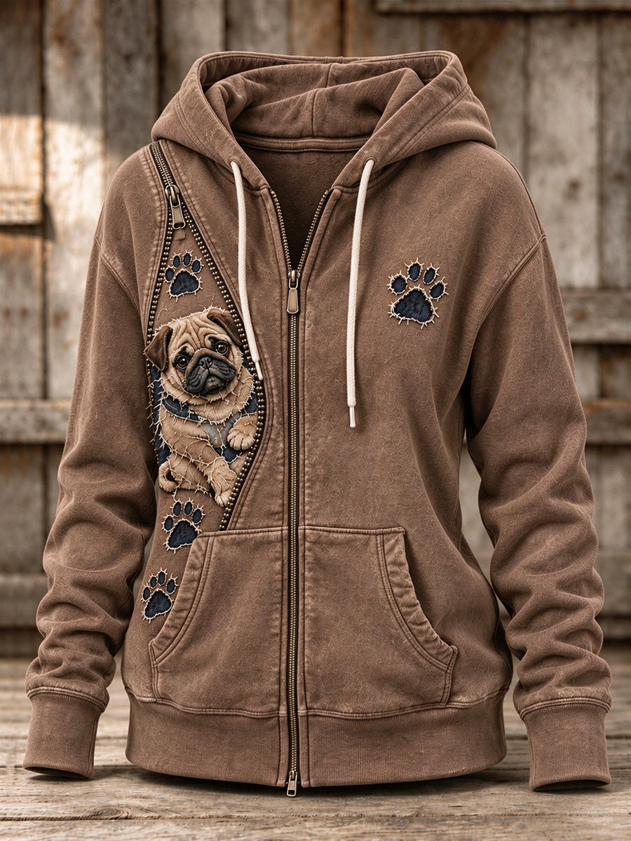 Women's Peeking Pug Dog & Paw Prints Zipper Patchwork Print Full Zip Hoodie