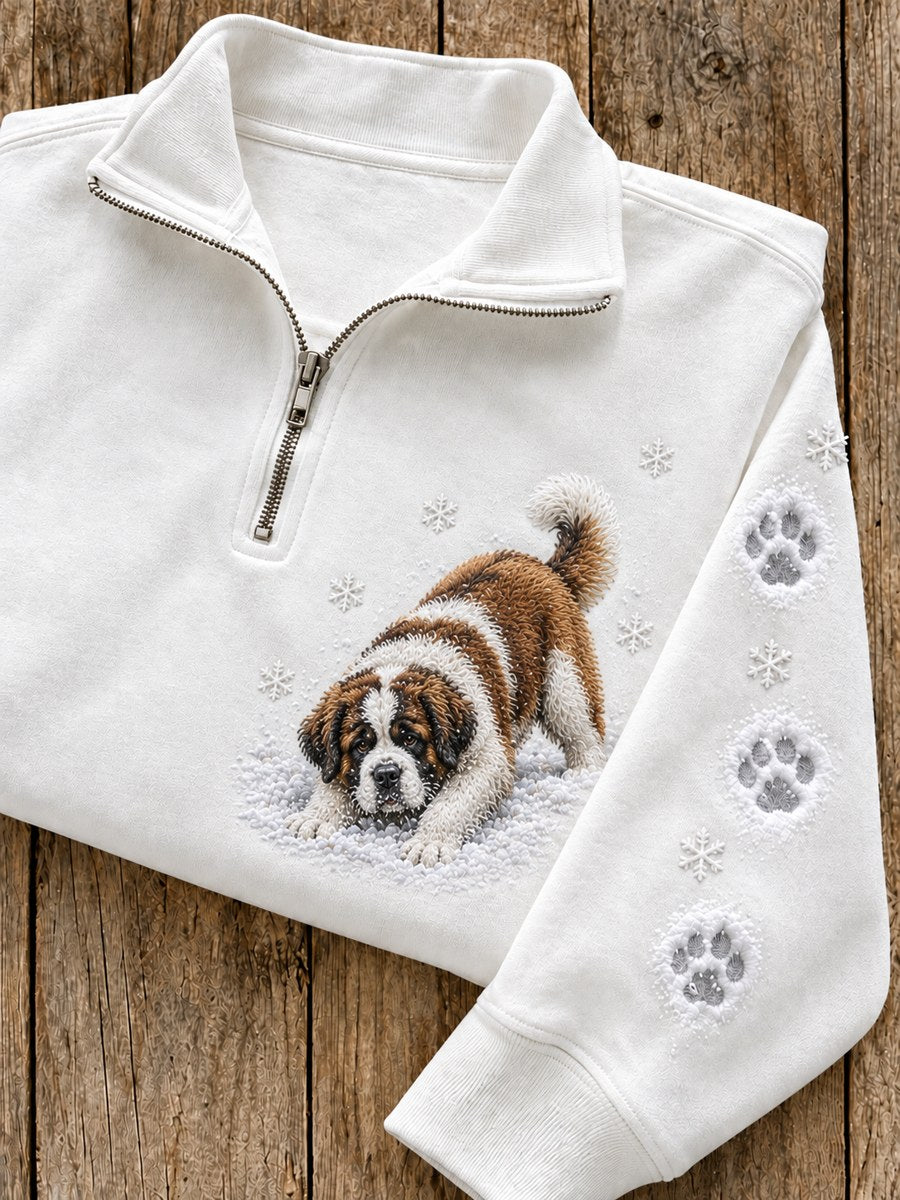 Women's Snowy Winter Saint Bernard Dog In the Snow Print Zip Up Sweatshirt