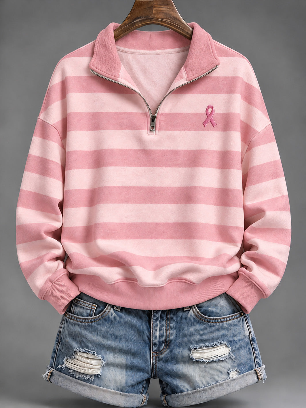 Women's Pink Striped and Pink Charity Ribbon Pattern Casual Half-Zip Sweatshirt