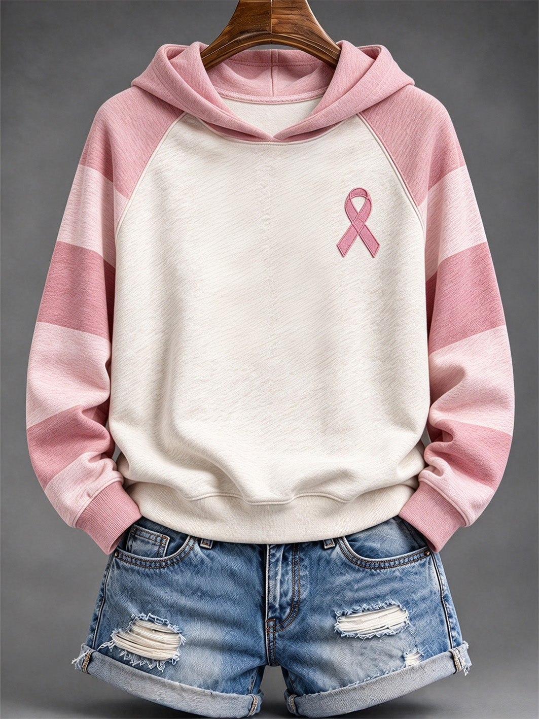 Women's Pink Striped and Pink Charity Ribbon Pattern Casual Hoodie