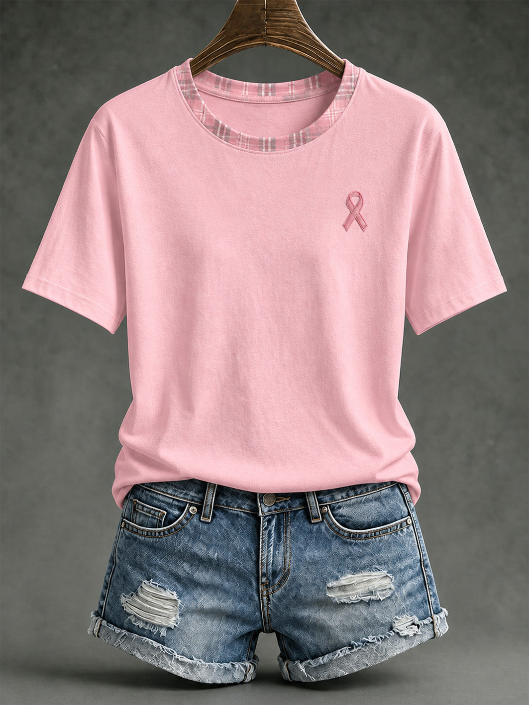 Women's Pink Charity Ribbon Pattern Checkered Design Casual Short-sleeved T-shirt