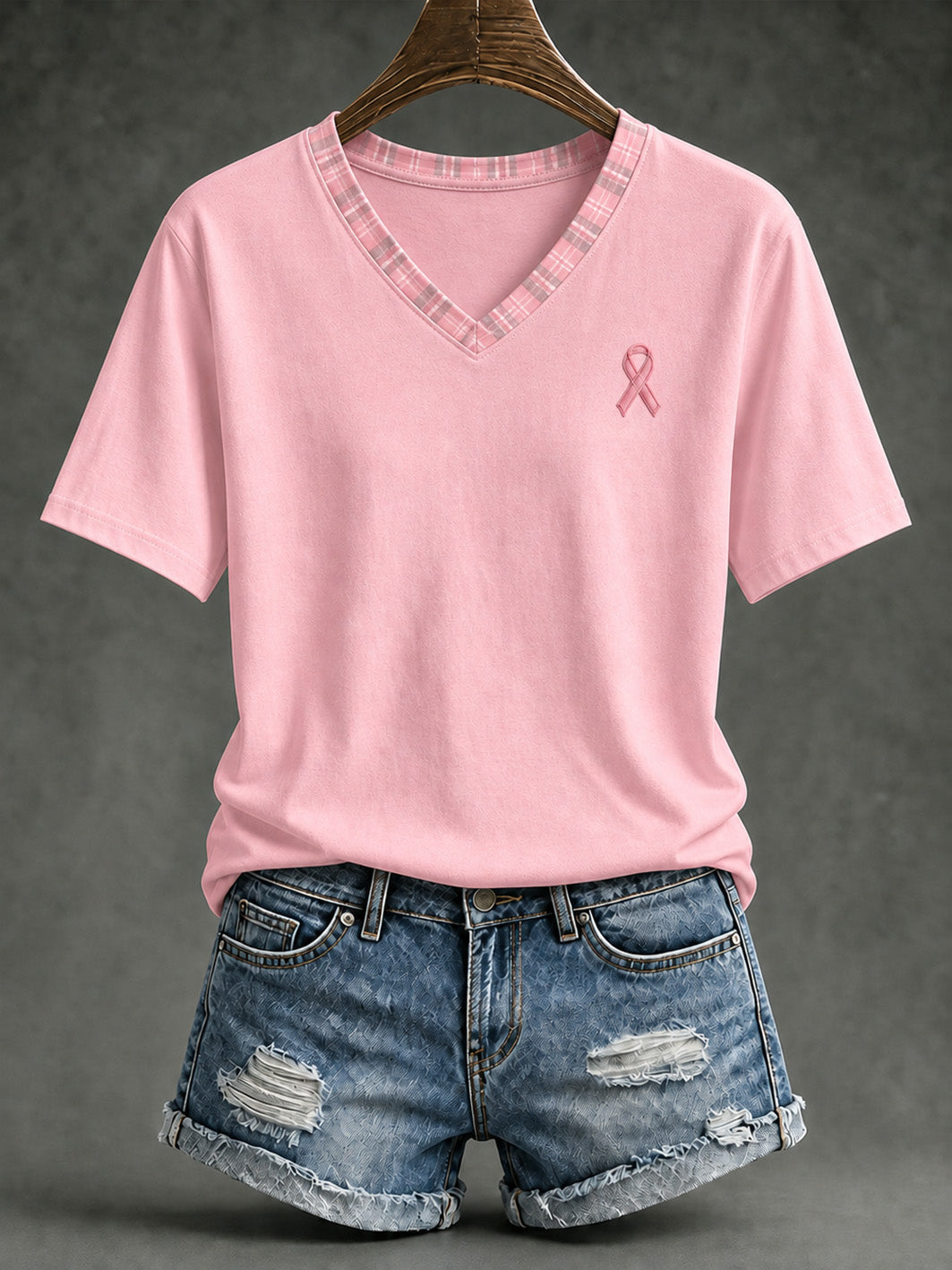 Women's Pink Charity Ribbon Pattern Checkered Design Casual Short-sleeved T-shirt