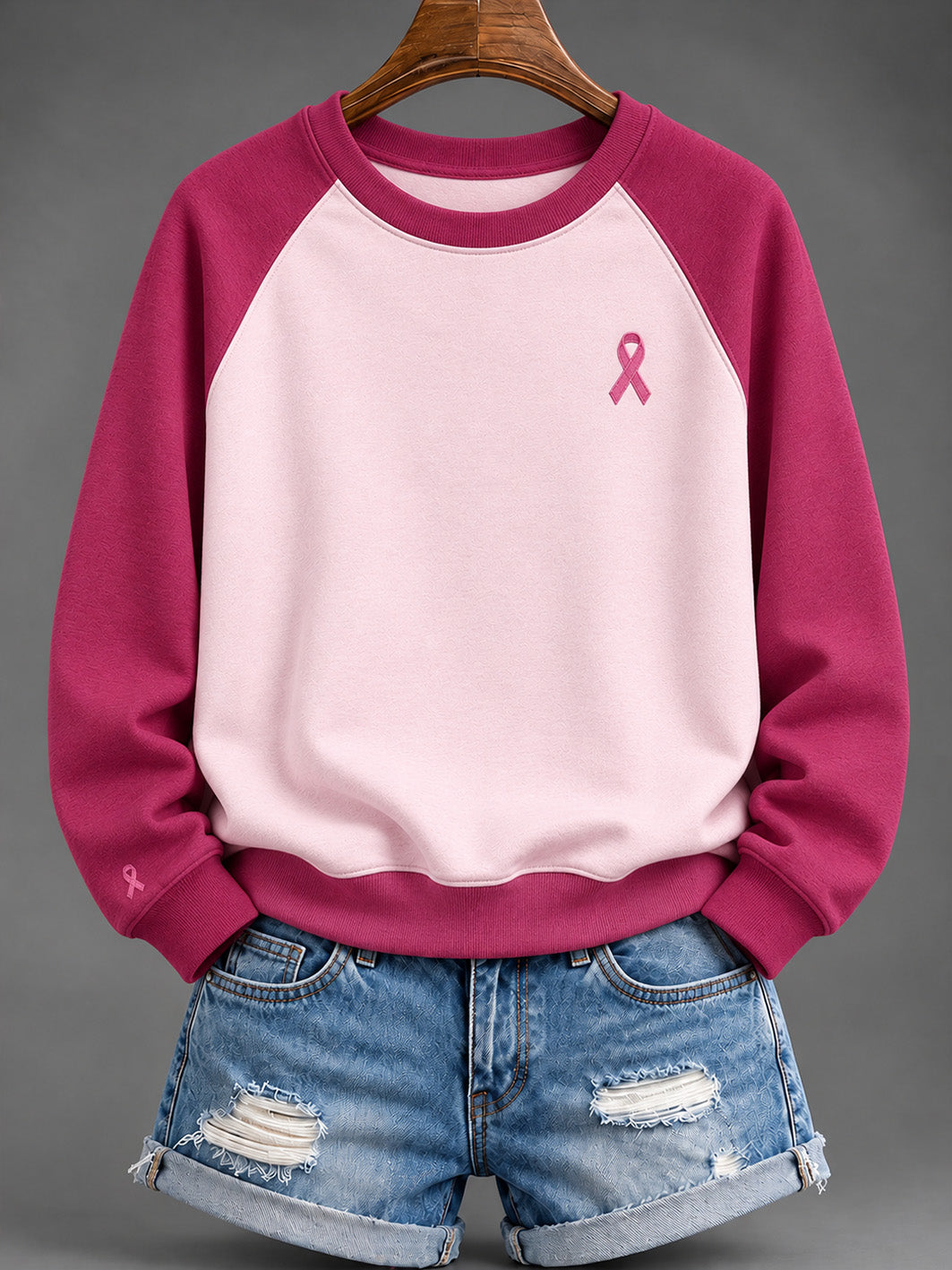 Women's Pink Charity Ribbon Pattern Casual Raglan Sleeve Sweatshirt
