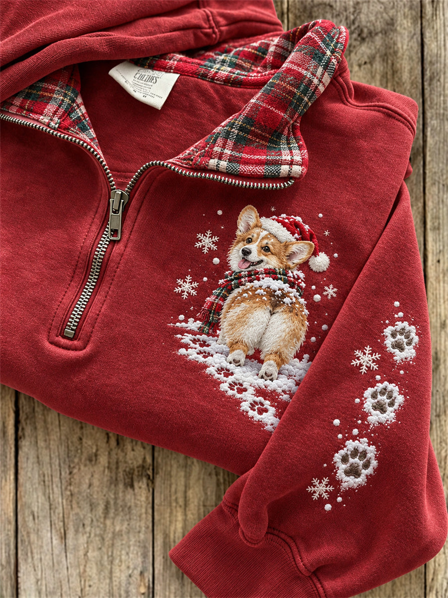 Women's Snowy Christmas Corgi Dog & Paw Prints Plaid Print Sweatshirt