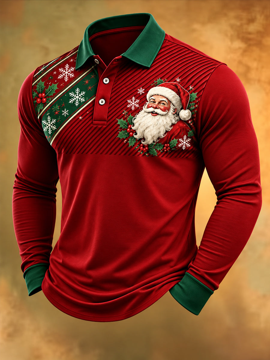 Men's Christmas Santa Claus Print Casual Long Sleeve Polo