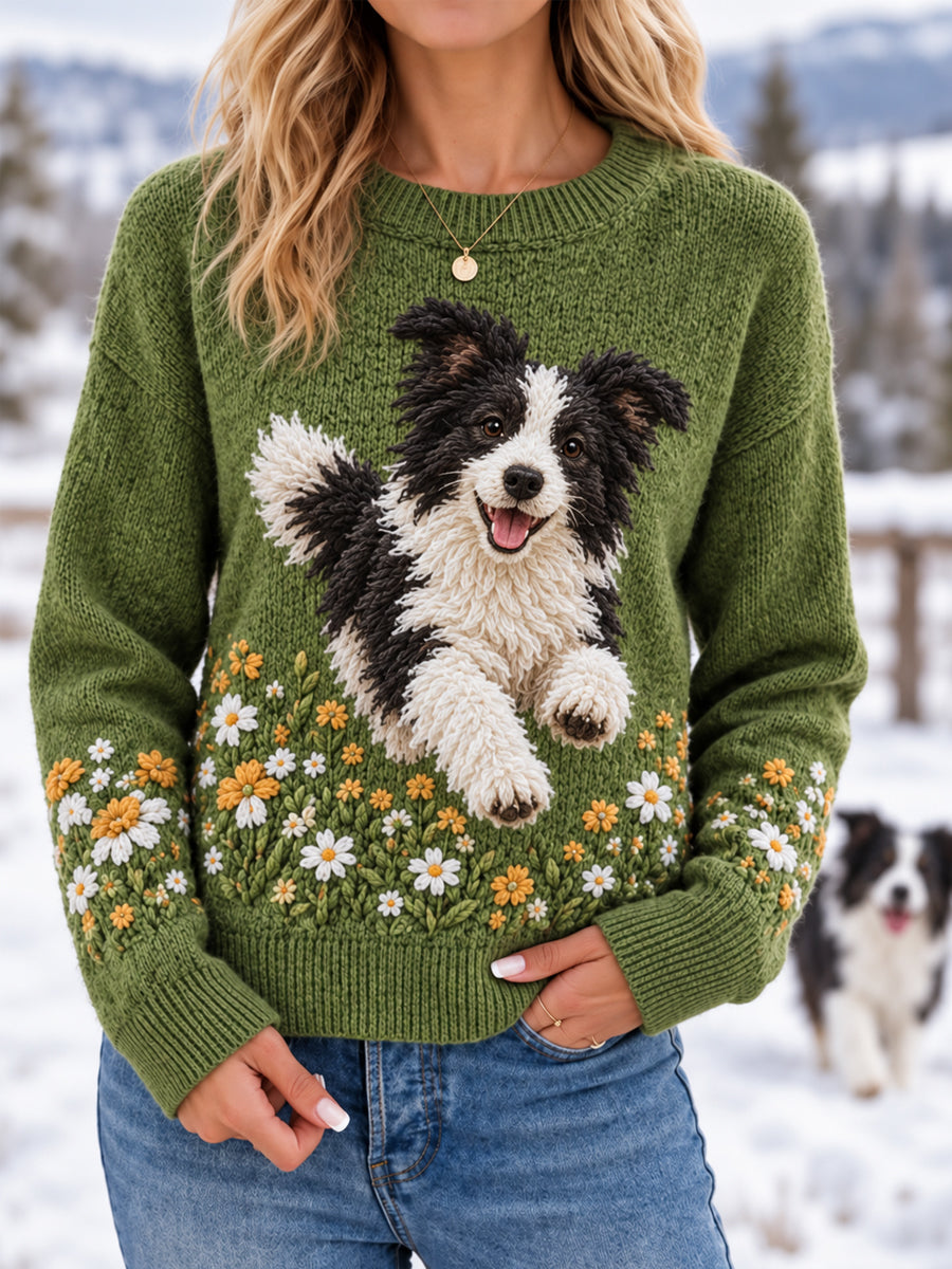 Women's Cute Border Collie Print Dog Lover Casual Sweater