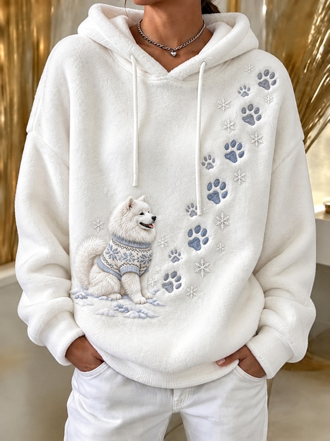 Women's Winter Samoyed Pattern Causal Flannel Hoodie