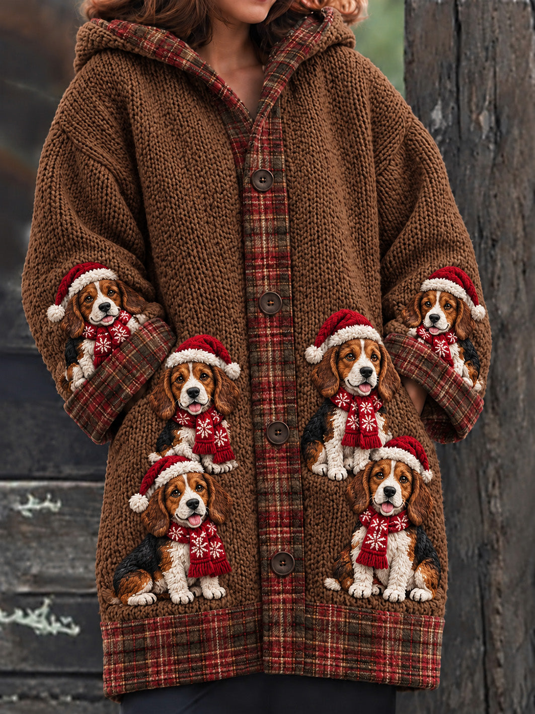 Women's Retro Christmas Beagles Pattern Composite Fleece Long Coat