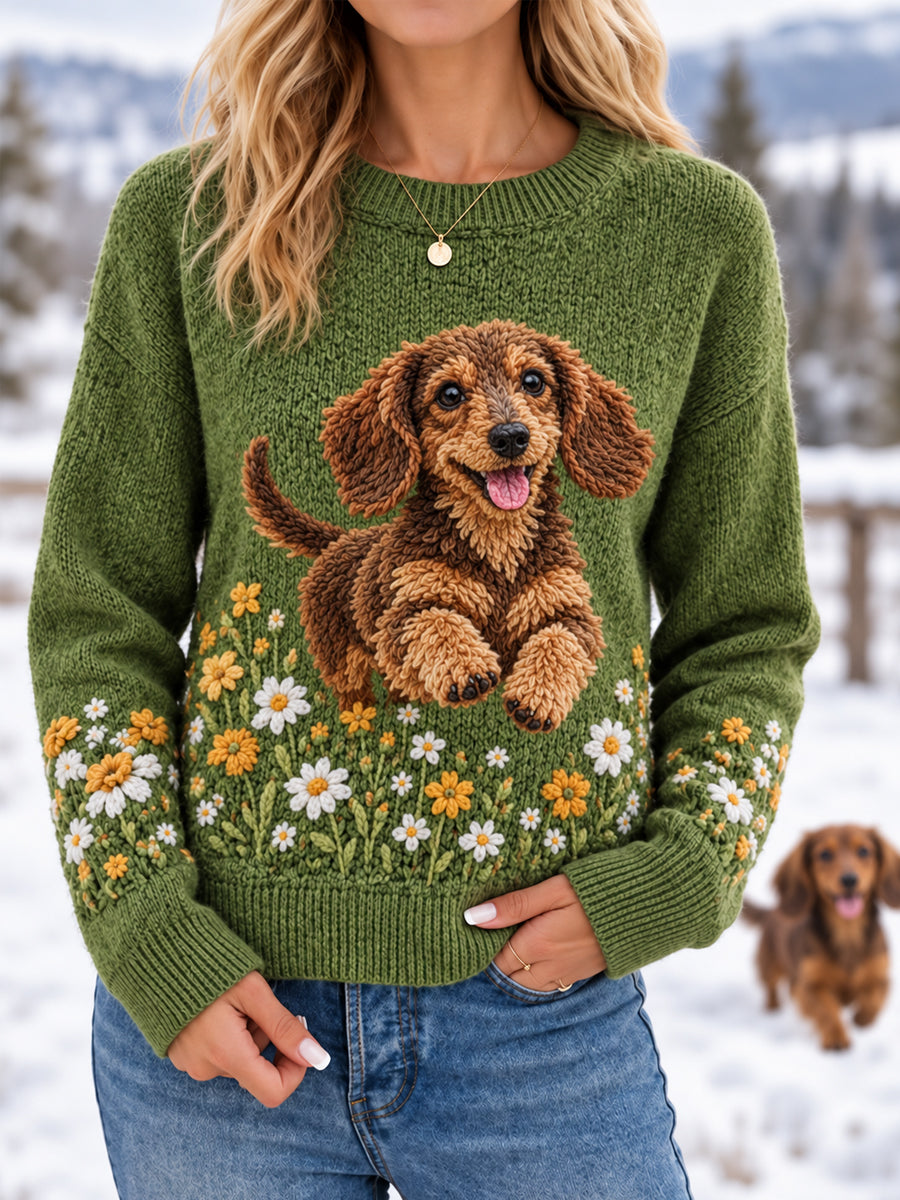 Women's Cute Dachshund Print Dog Lover Casual Sweater