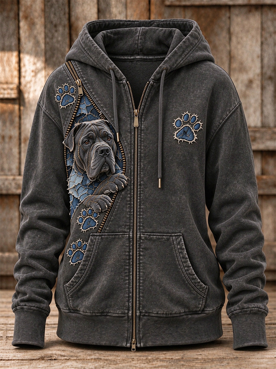 Women's Peeking Cane Corso Dog & Paw Prints Zipper Patchwork Print Full Zip Hoodie