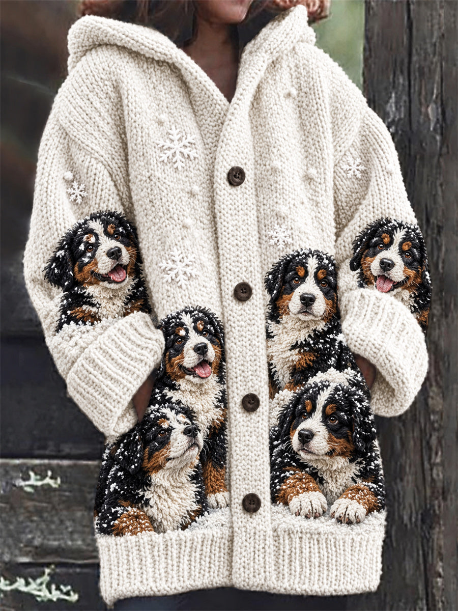 Women's Snowy Winter Crowded Bernese Mountain Dogs Print Composite Fleece Long Coat