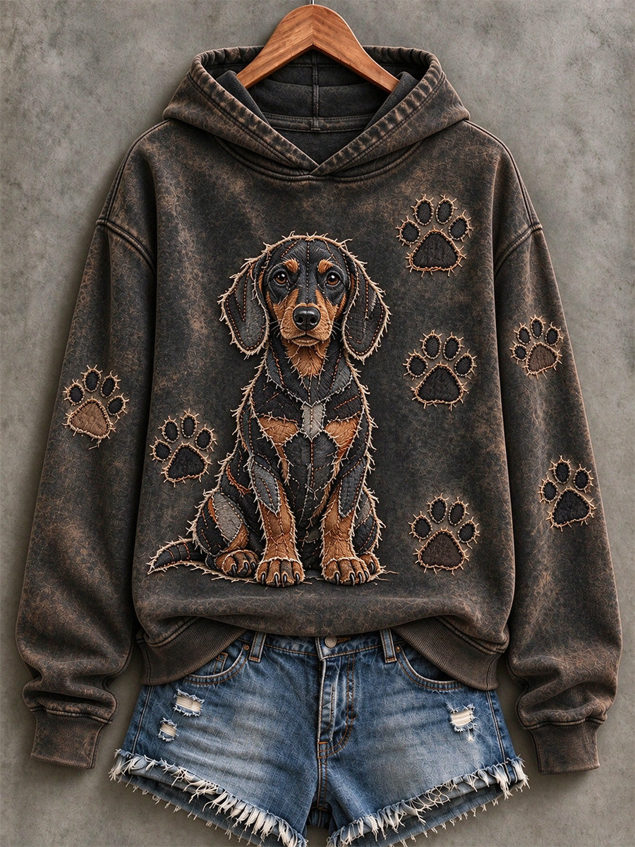 Women's Dachshund & Paw Prints Patchwork Print Casual Hoodie