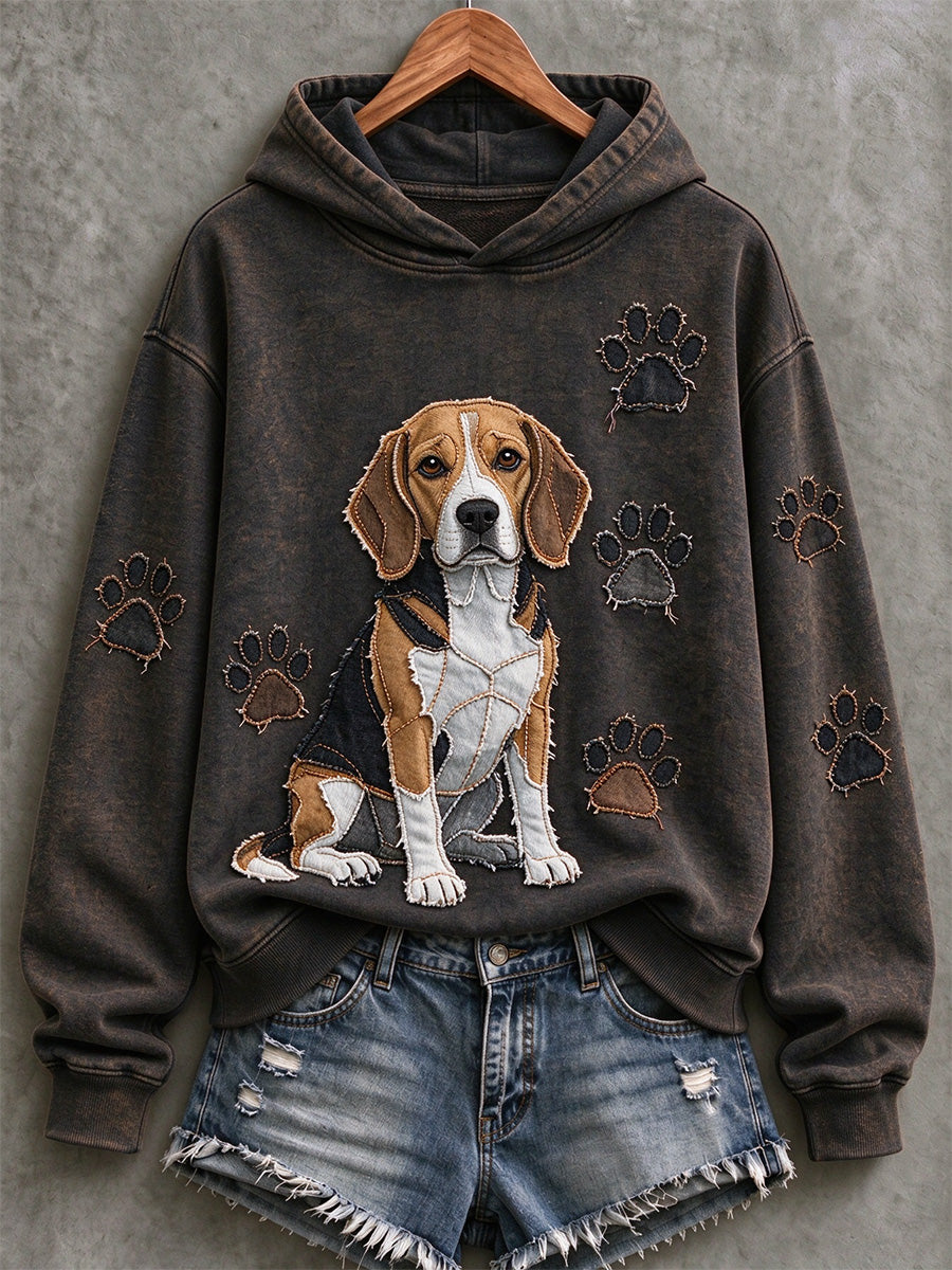 Women's Beagle & Paw Prints Patchwork Print Casual Hoodie