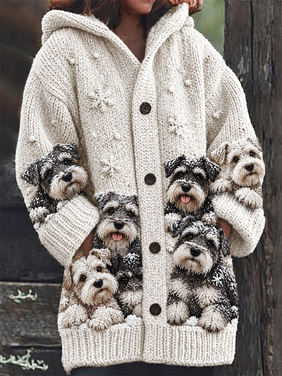 Women's Snowy Winter Crowded Schnauzer Dogs Print Composite Fleece Long Coat