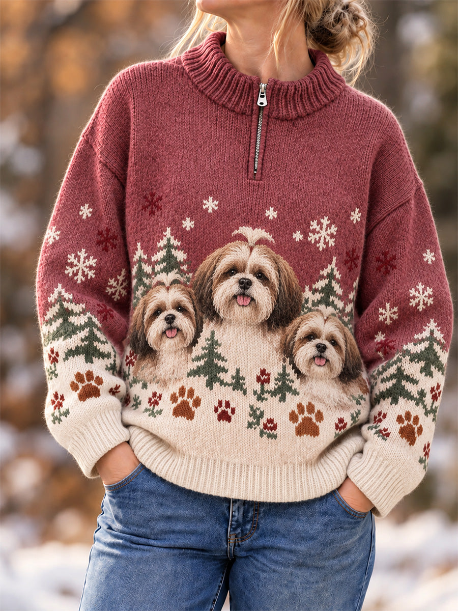 Women's Cute Dogs In Autumn And Winter Print Casual Zipper Pullover