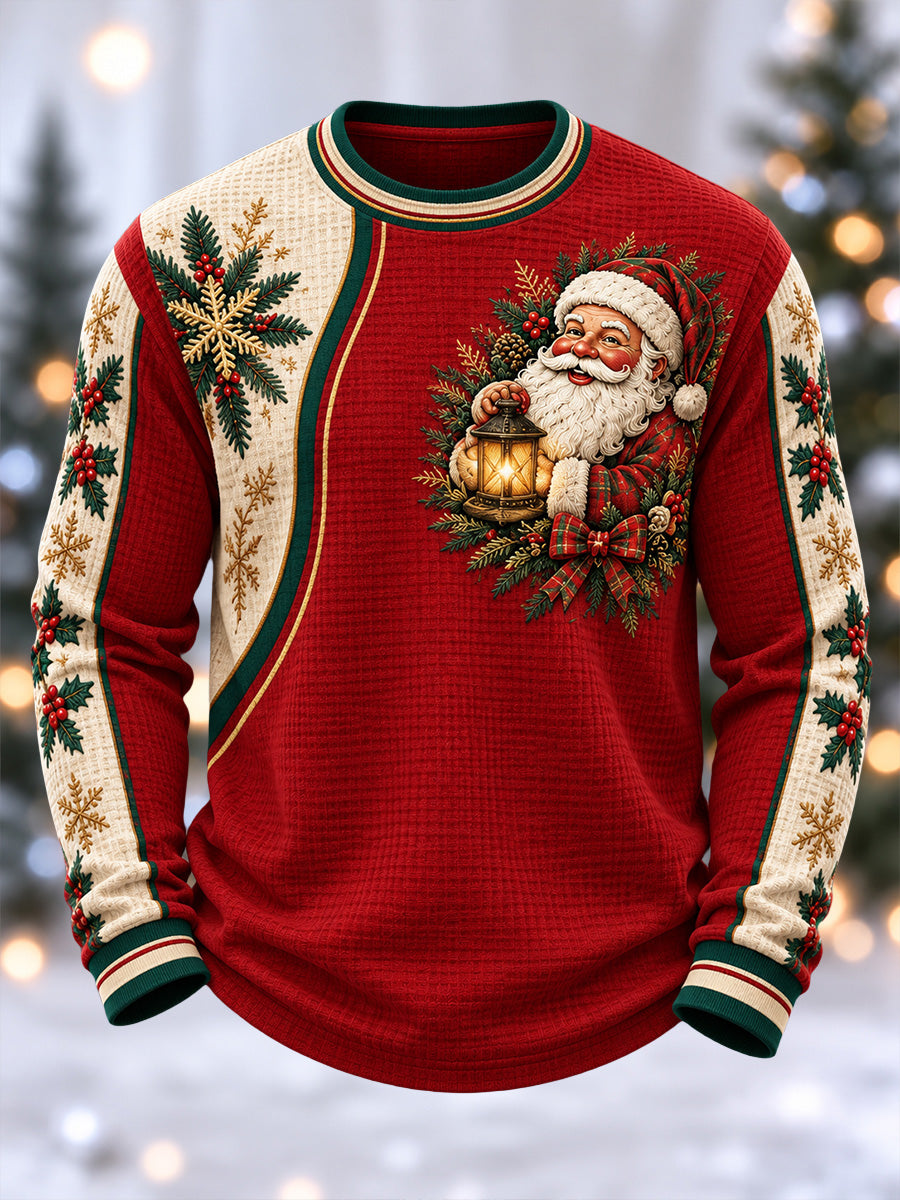 Men's Merry Chrismas Print Waffle Long Sleeve Top