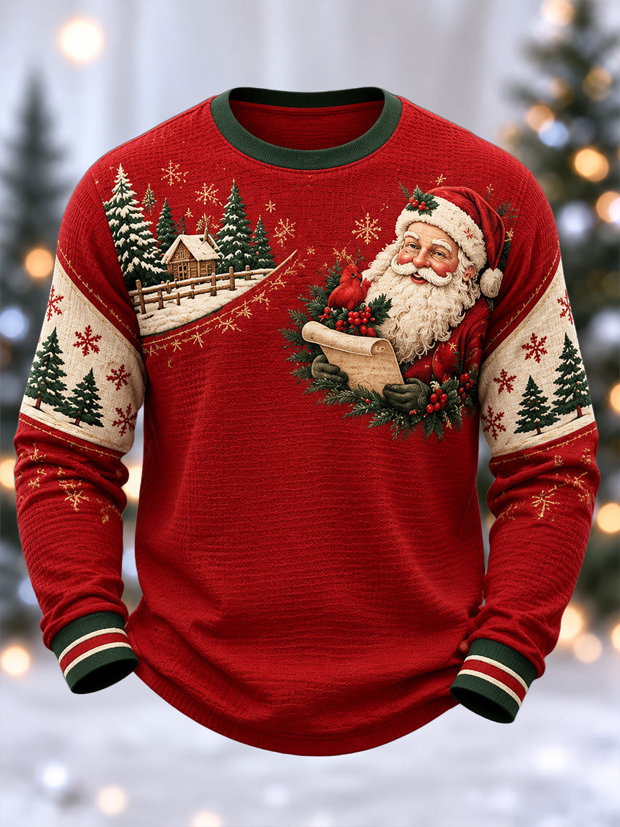 Men's Merry Chrismas Print Waffle Long Sleeve Top