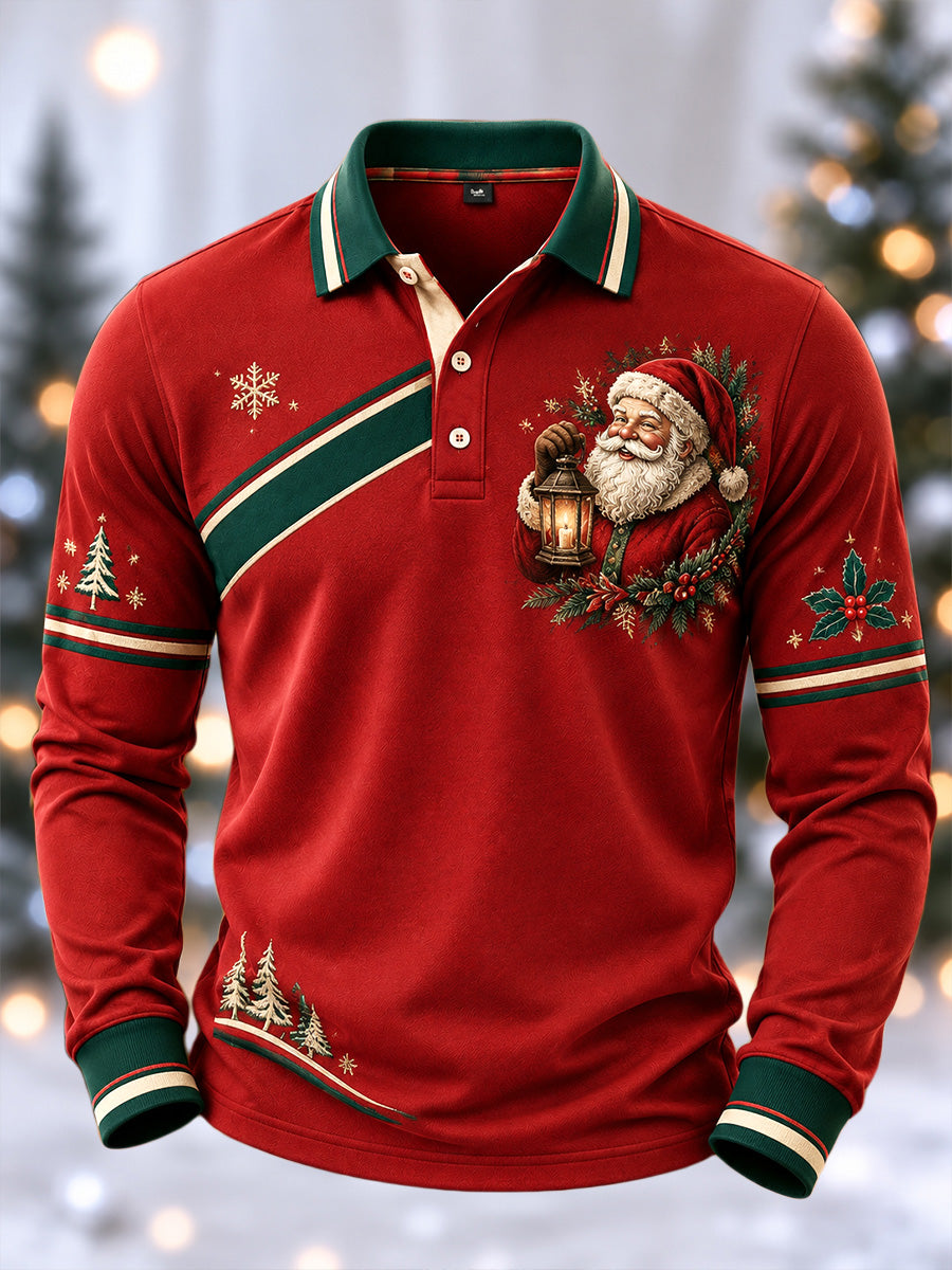 Men's Merry Chrismas Print Long Sleeve Polo
