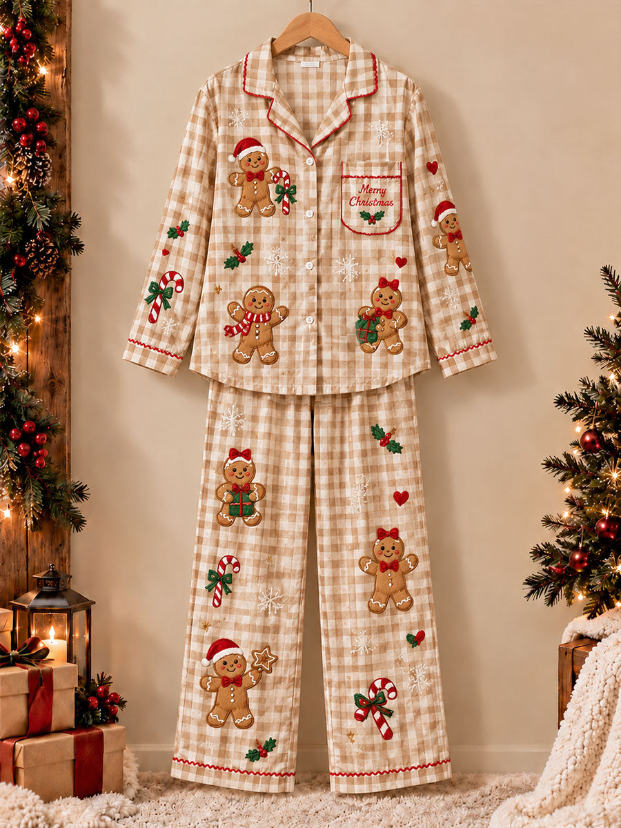 Women's Christmas Gingerbread Man Print Pajama Set