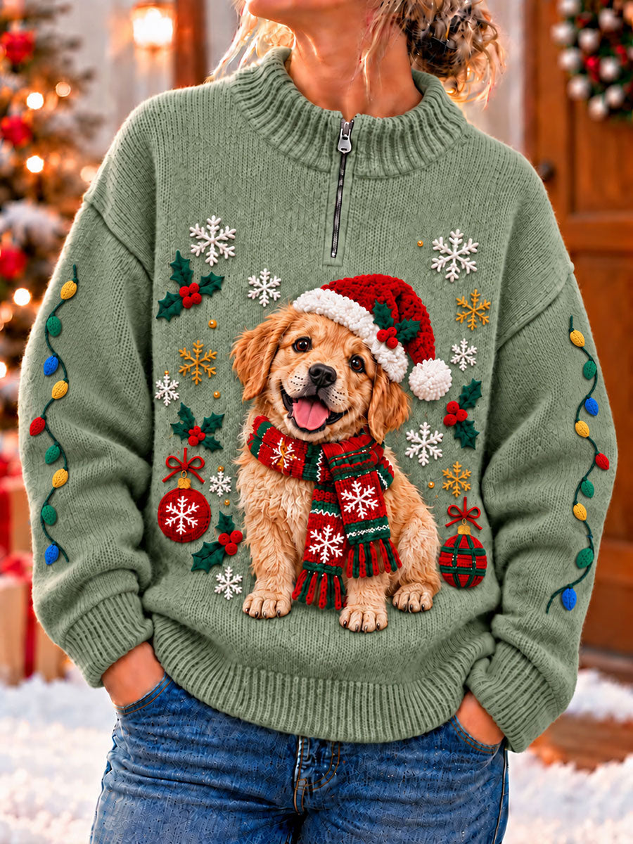 Women's Christmas Funny Dog Art Print Zipper Sweater