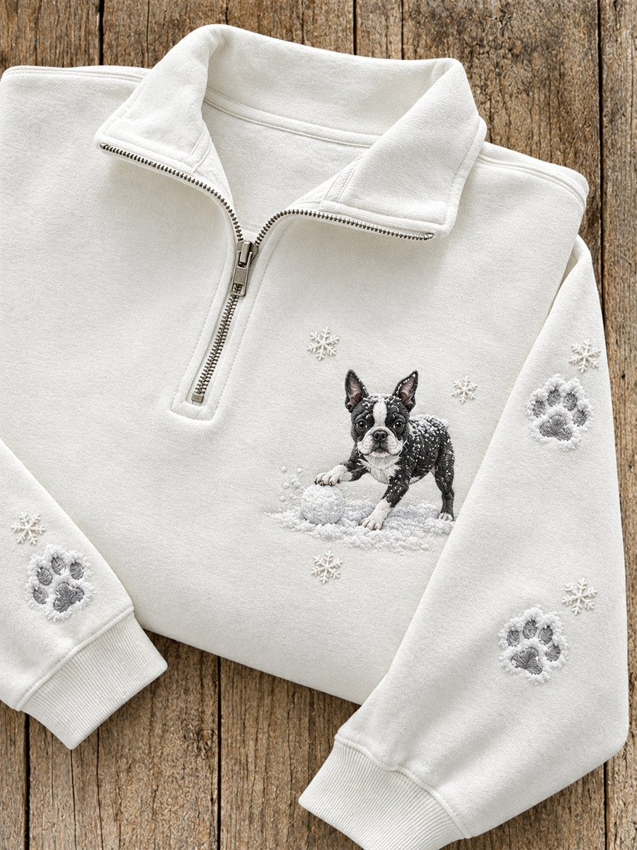 Women's Snowy Winter Boston Terrier Dog in the Snow Print Zip Up Sweatshirt
