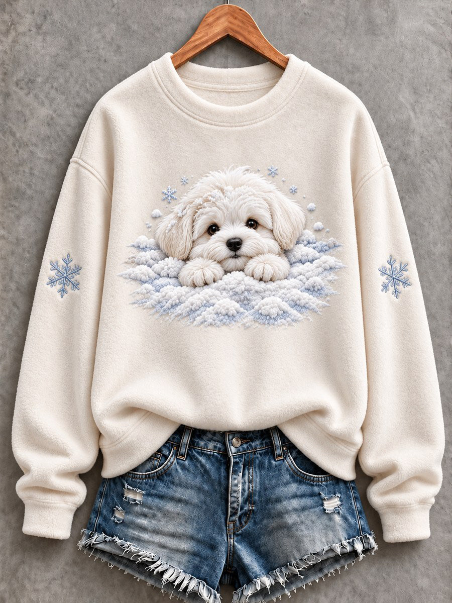 Women's Snowy Winter Maltese Dog In the Snow Print Flannel Sweatshirt