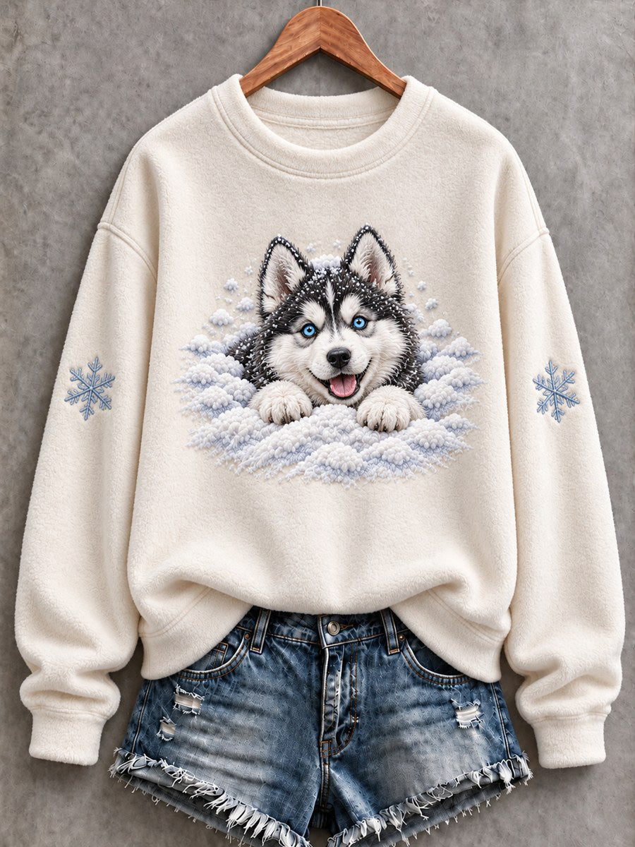 Women's Snowy Winter Husky Dog In the Snow Print Flannel Sweatshirt