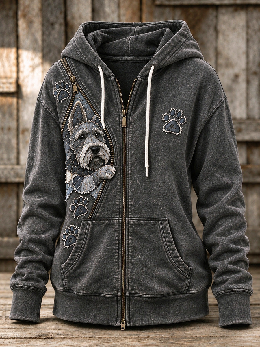 Women's Peeking Scottish Terrier & Paw Prints Zipper Patchwork Print Full Zip Hoodie