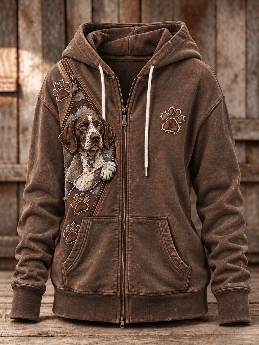 Women's Peeking German Pointer Dog & Paw Prints Zipper Patchwork Print Full Zip Hoodie