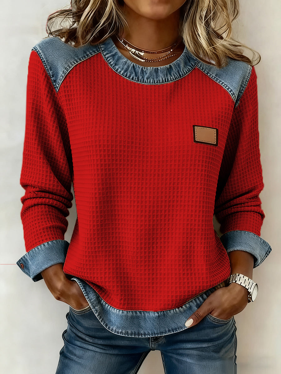 Women's Fashion Patchwork Design Waffle Sweatshirt