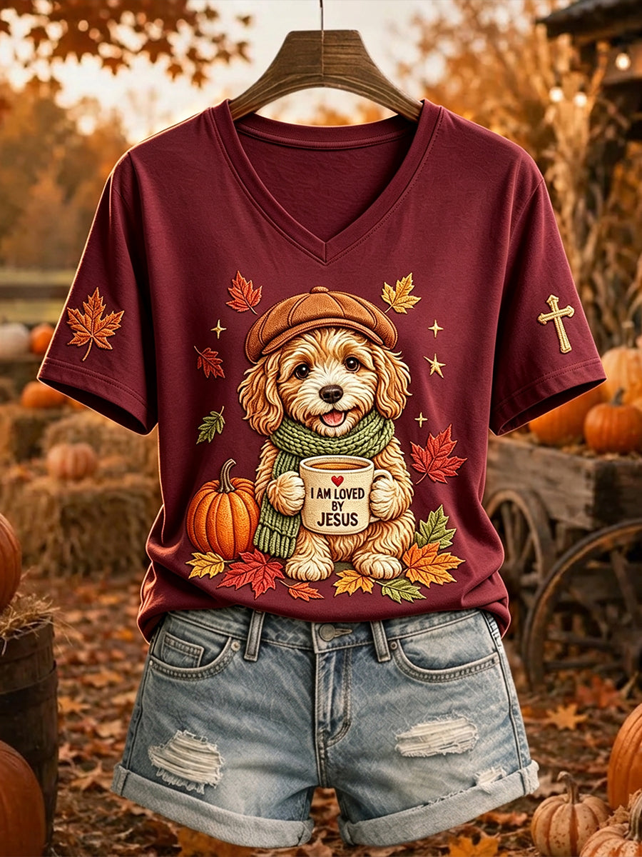 Women's Jesus Loves Dog Fall Leaves Print Short-sleeved T-shirt