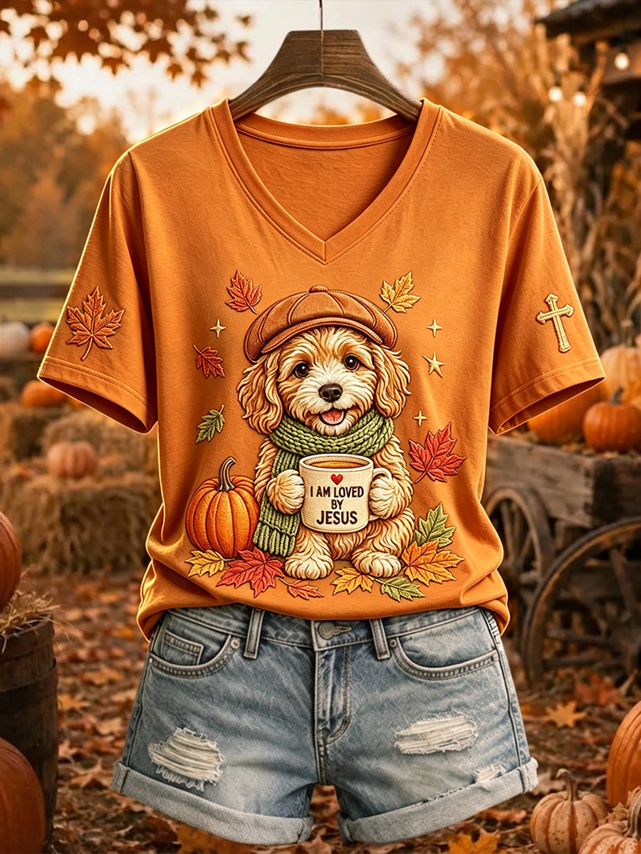 Women's Jesus Loves Dog Fall Leaves Print Short-sleeved T-shirt