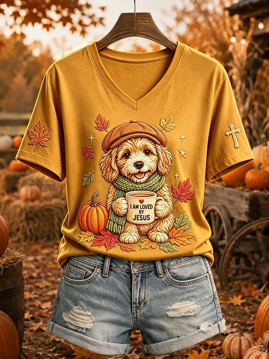 Women's Jesus Loves Dog Fall Leaves Print Short-sleeved T-shirt