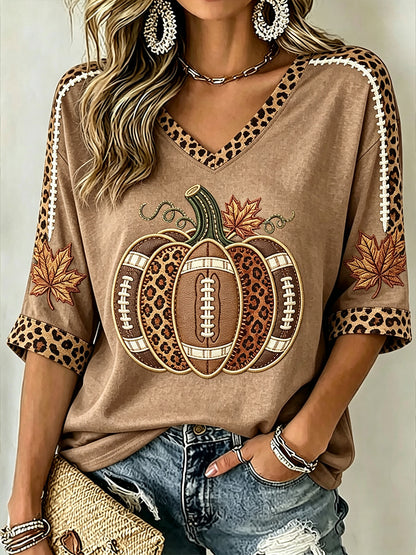 Women's Autumn Pumpkin Pattern Casual Mid-length Sleeves V-Neck T-Shirt