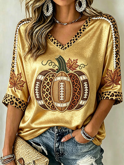 Women's Autumn Pumpkin Pattern Casual Mid-length Sleeves V-Neck T-Shirt
