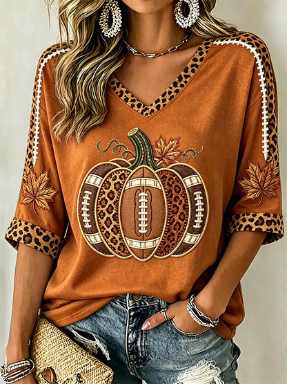 Women's Autumn Pumpkin Pattern Casual Mid-length Sleeves V-Neck T-Shirt