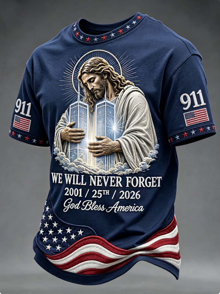 Men's WE WILL NEVER FORGET 2001/25TH/2026 God Bless America t-shirt