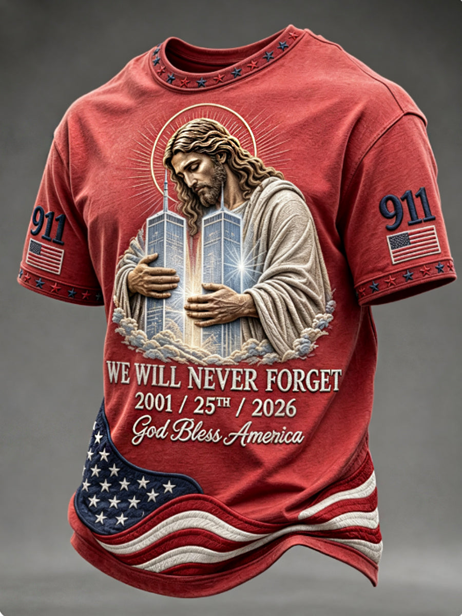Men's WE WILL NEVER FORGET 2001/25TH/2026 God Bless America t-shirt