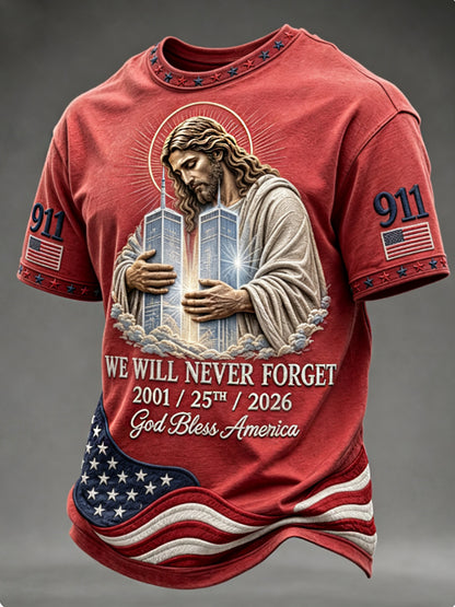 Men's WE WILL NEVER FORGET 2001/25TH/2026 God Bless America t-shirt