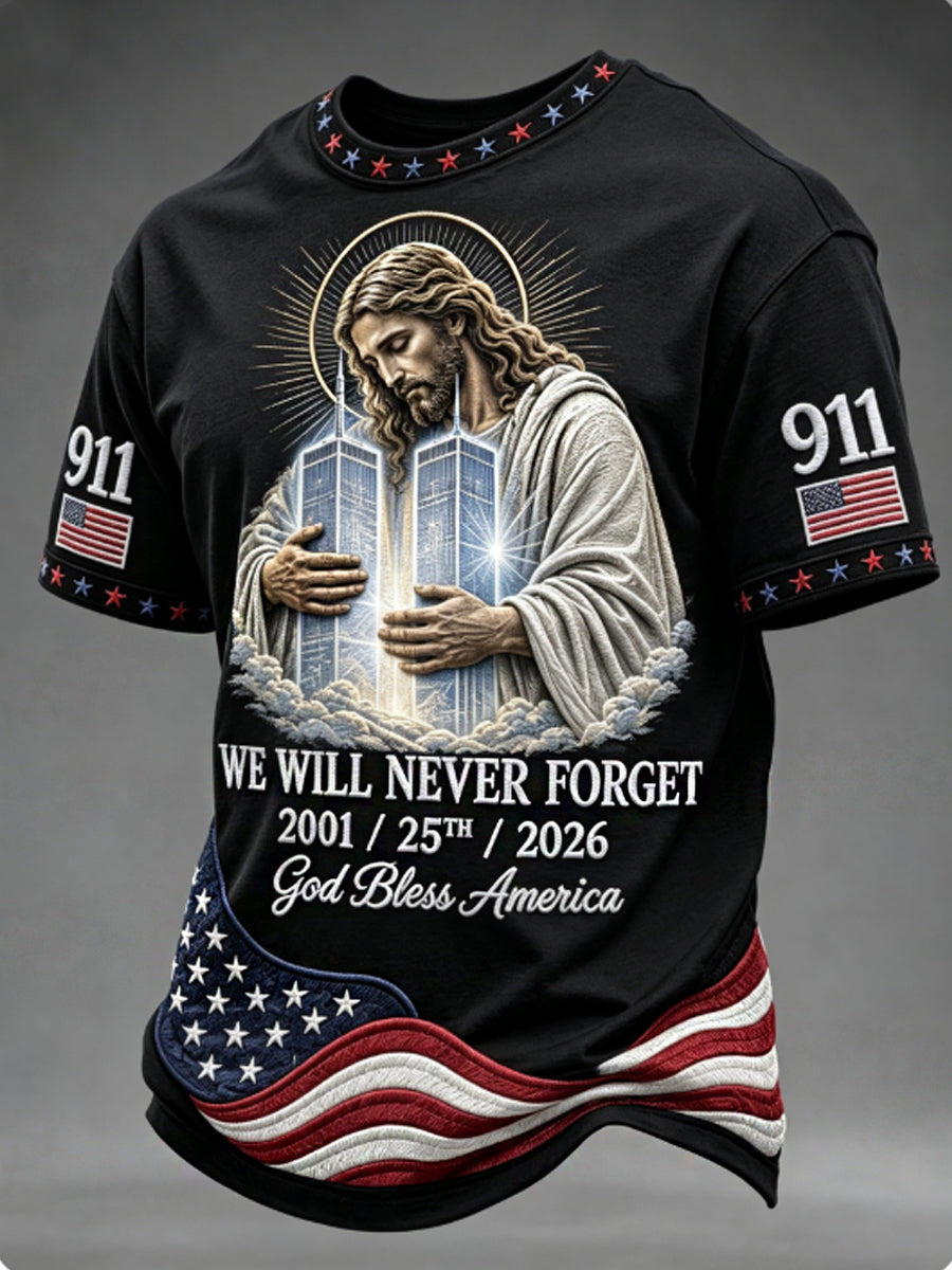 Men's WE WILL NEVER FORGET 2001/25TH/2026 God Bless America t-shirt