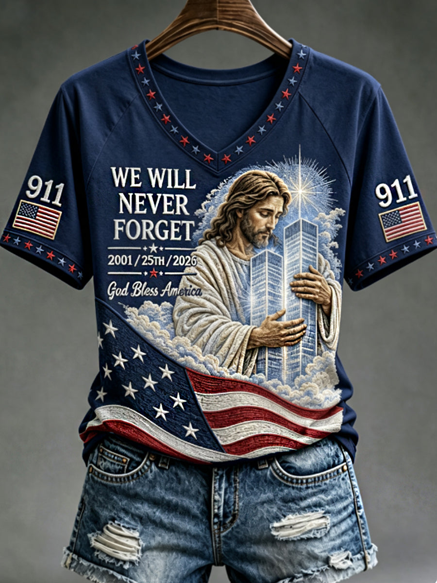 Women's WE WILL NEVER FORGET 2001/25TH/2026 God Bless America T-shirt