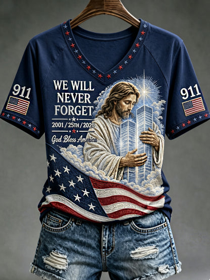 Women's WE WILL NEVER FORGET 2001/25TH/2026 God Bless America T-shirt