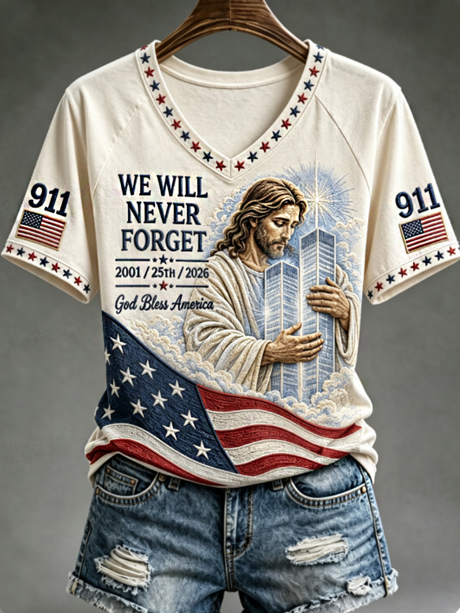 Women's WE WILL NEVER FORGET 2001/25TH/2026 God Bless America T-shirt