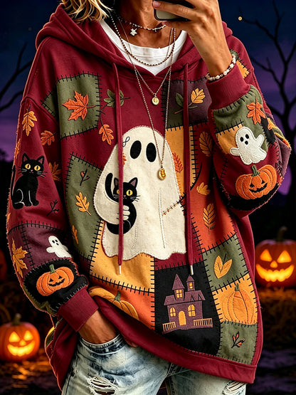 Women's Halloween Pattern Color Block Printed Causal Hoodie